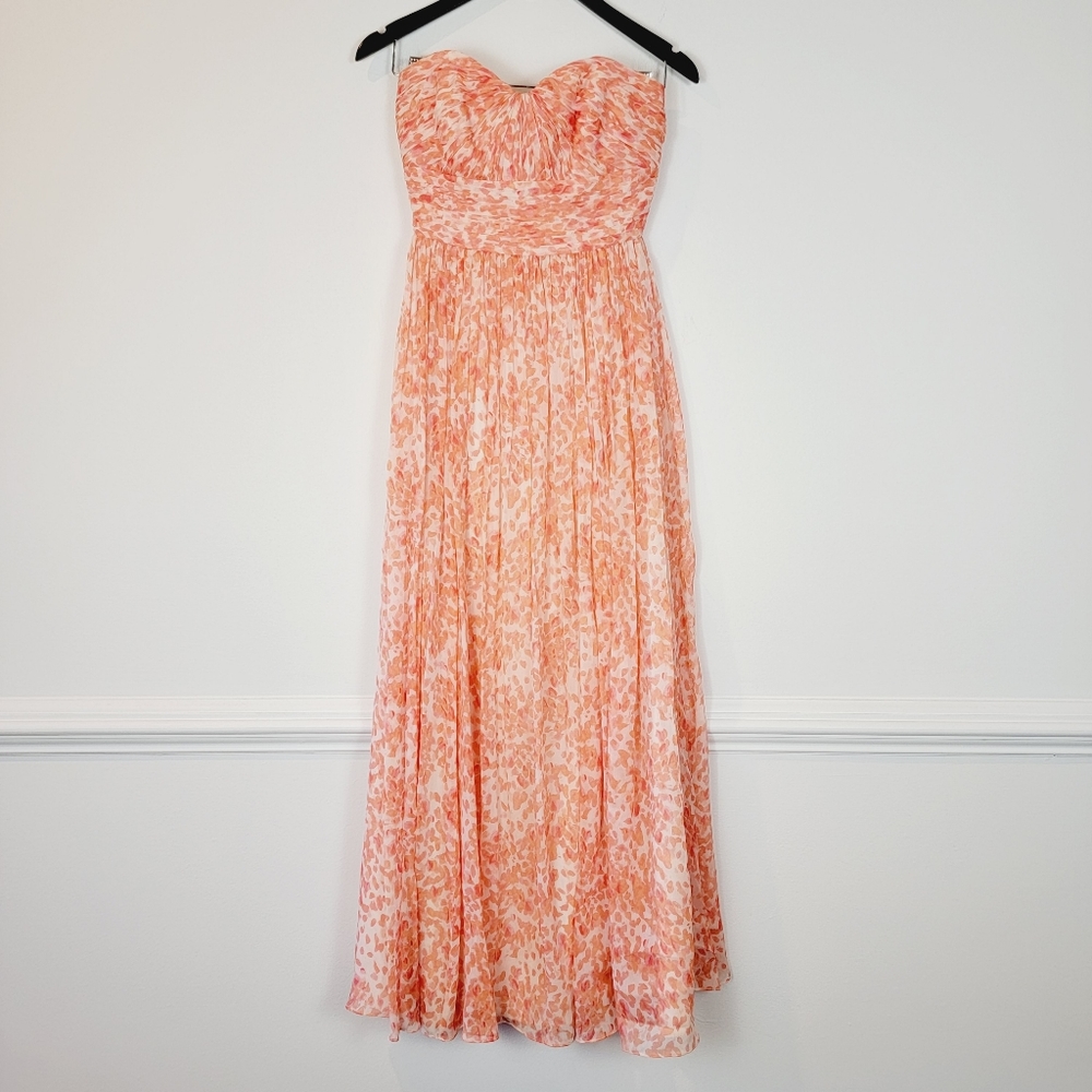 J. CREW Silk Watercolor Chiffon Strapless Maxi Dress Sz 0 Coral Orange a1218